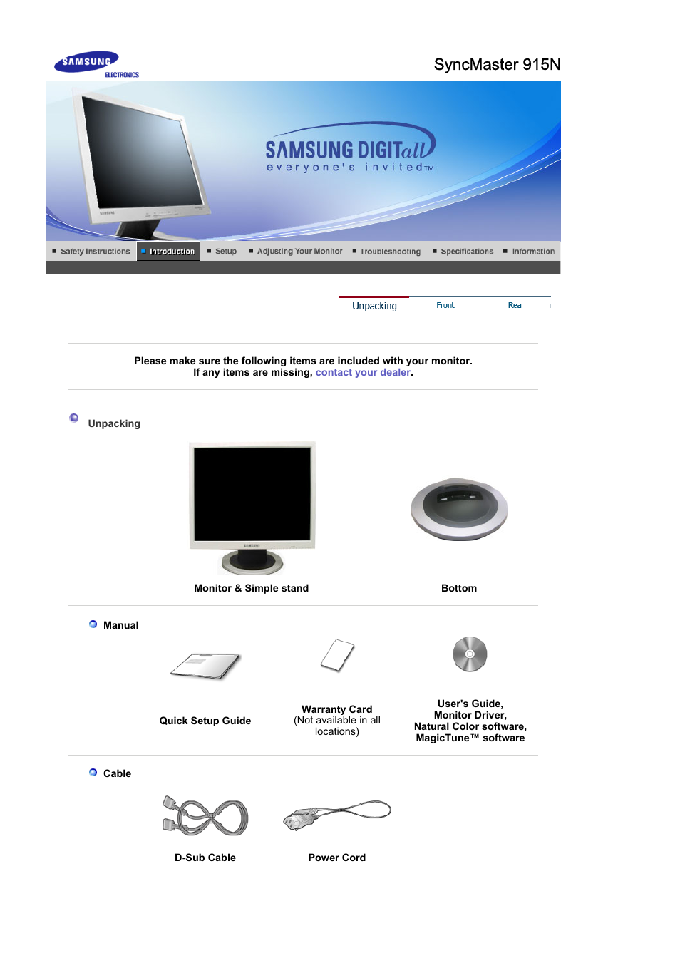 Syncmaster 915n, Unpacking | Samsung MJ19ESKB User Manual | Page 11 / 87