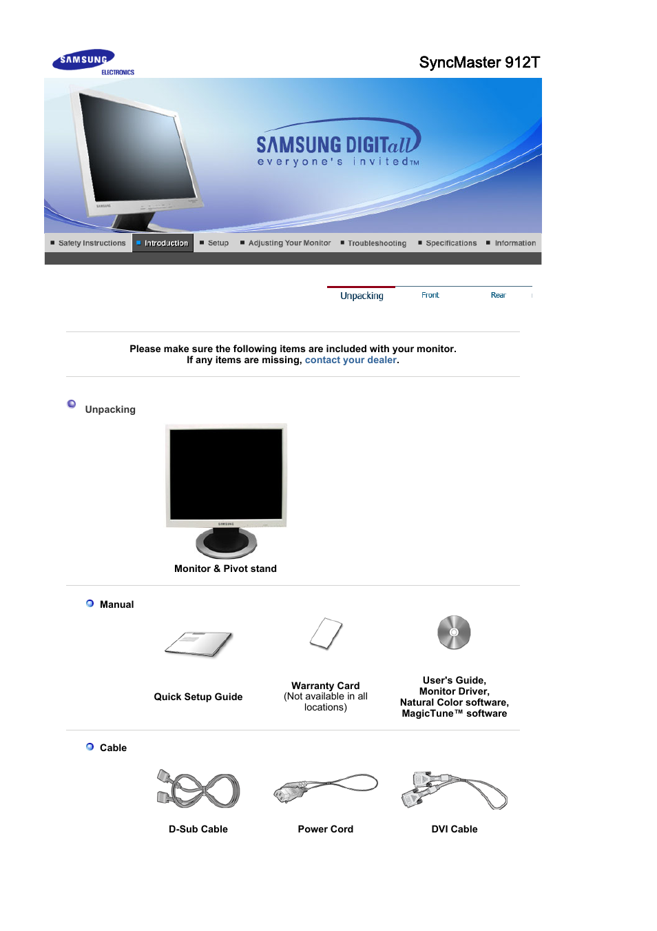 Syncmaster 912t, Unpacking | Samsung MJ19ESKB User Manual | Page 14 / 87