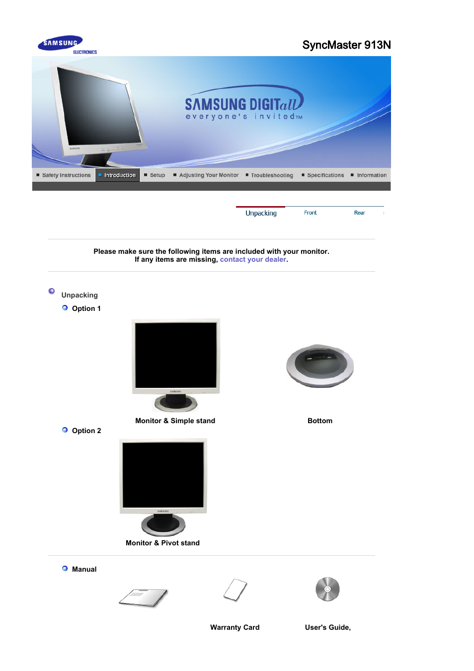 Introduction, Syncmaster 913n, Unpacking | Samsung MJ19ESKB User Manual | Page 8 / 87