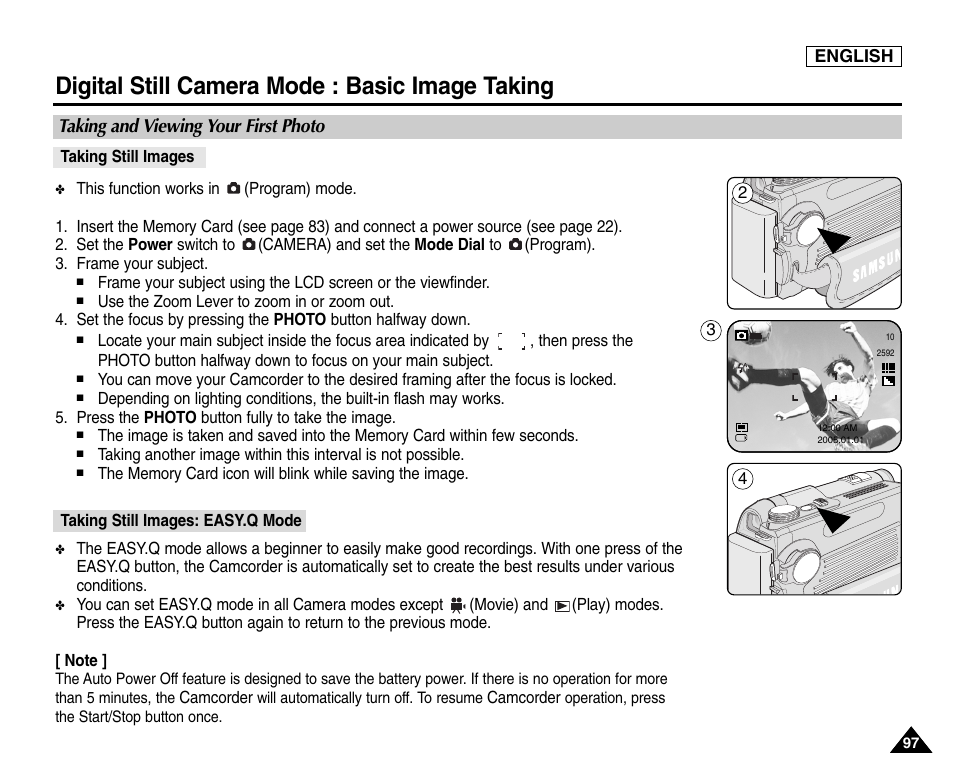 Digital still camera mode : basic image taking, Taking and viewing your first photo, Taking still images | Taking still images: easyq mode | Samsung SC-D6550-XAC User Manual | Page 101 / 160