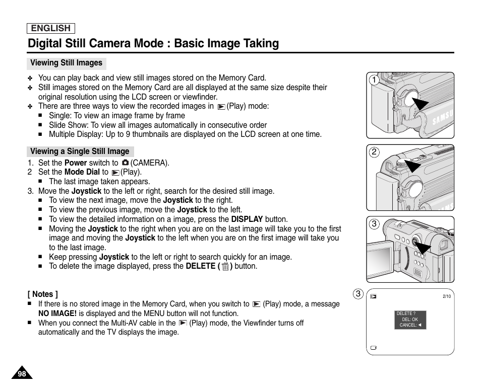 Viewing still images, Viewing a single still image, Digital still camera mode : basic image taking | Samsung SC-D6550-XAC User Manual | Page 102 / 160