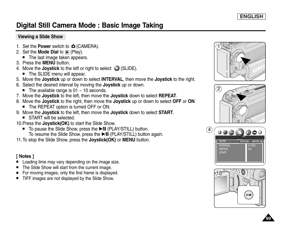 Viewing a slide show, Digital still camera mode : basic image taking | Samsung SC-D6550-XAC User Manual | Page 103 / 160