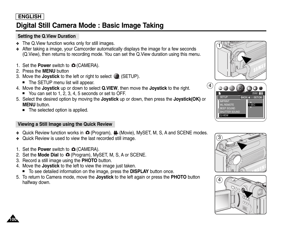 Setting the qview duration, Viewing a still image using the quick review, Digital still camera mode : basic image taking | Samsung SC-D6550-XAC User Manual | Page 104 / 160