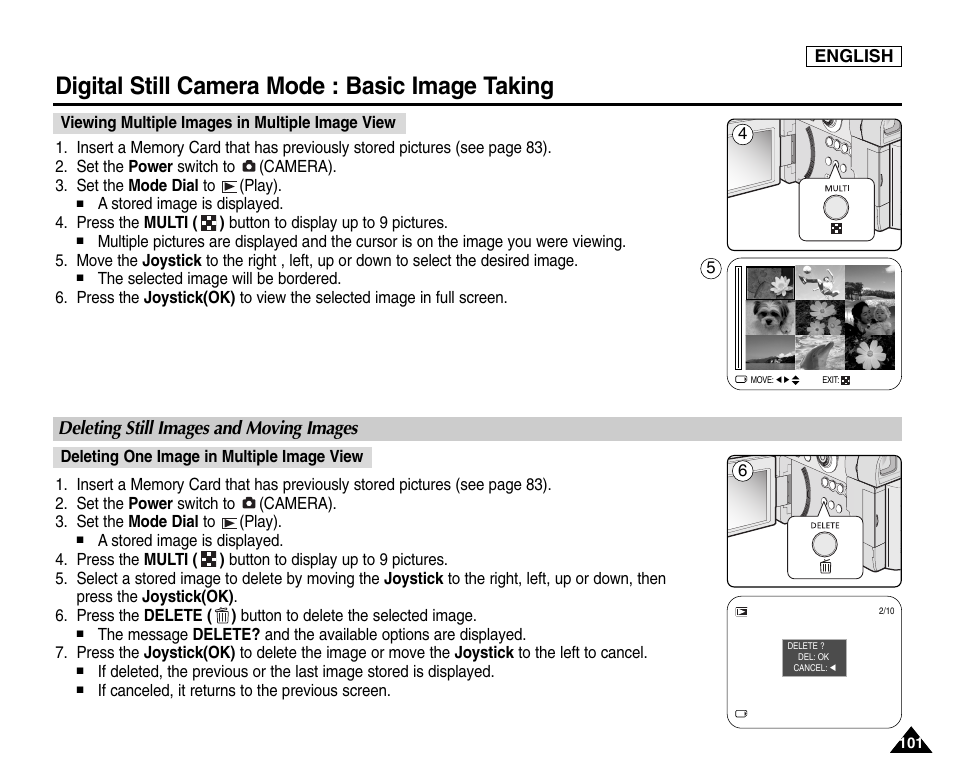 Viewing multiple images in multiple image view, Deleting still images and moving images, Deleting one image in multiple image view | Digital still camera mode : basic image taking | Samsung SC-D6550-XAC User Manual | Page 105 / 160