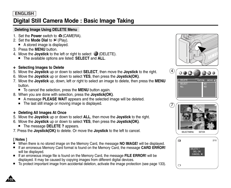 Deleting image using delete menu, Digital still camera mode : basic image taking, English | Samsung SC-D6550-XAC User Manual | Page 106 / 160