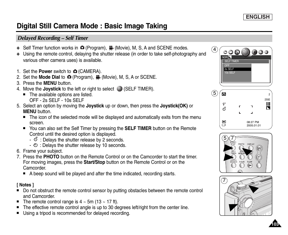 Delayed recording ? self timer, Digital still camera mode : basic image taking, Delayed recording – self timer | Samsung SC-D6550-XAC User Manual | Page 107 / 160