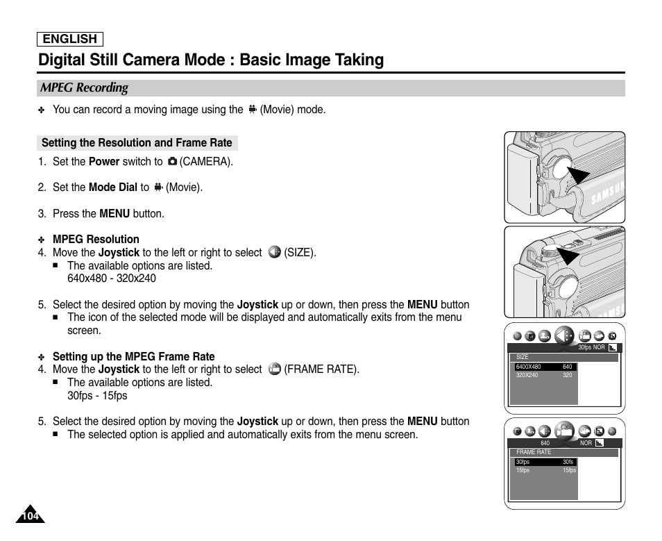 Mpeg recording, Setting the resolution and frame rate, Digital still camera mode : basic image taking | English | Samsung SC-D6550-XAC User Manual | Page 108 / 160