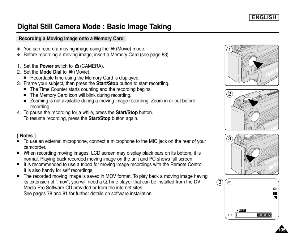 Recording a moving image onto a memory card, Digital still camera mode : basic image taking | Samsung SC-D6550-XAC User Manual | Page 109 / 160