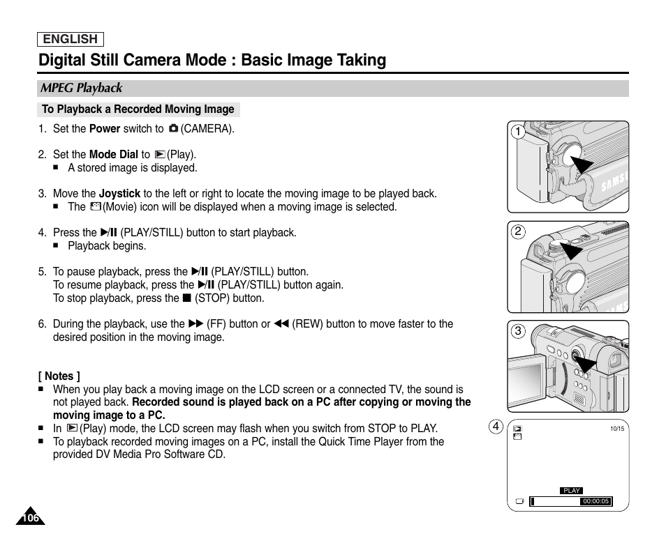 Mpeg playback, To playback a recorded moving image, Digital still camera mode : basic image taking | Samsung SC-D6550-XAC User Manual | Page 110 / 160