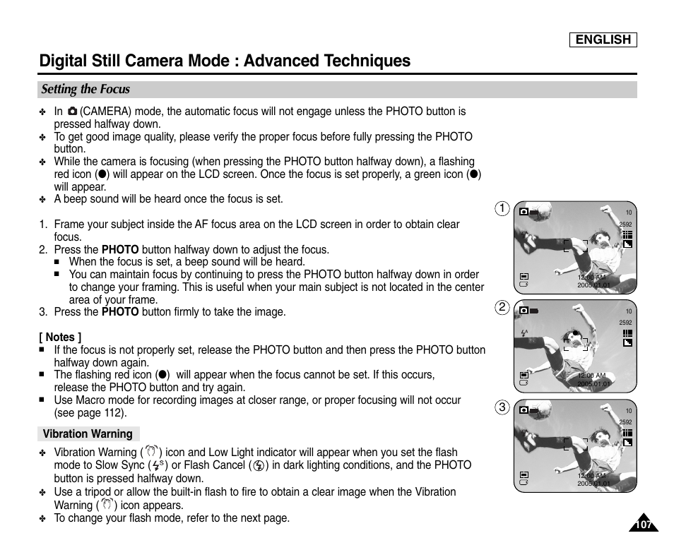 Digital still camera mode : advanced techniques, Setting the focus | Samsung SC-D6550-XAC User Manual | Page 111 / 160