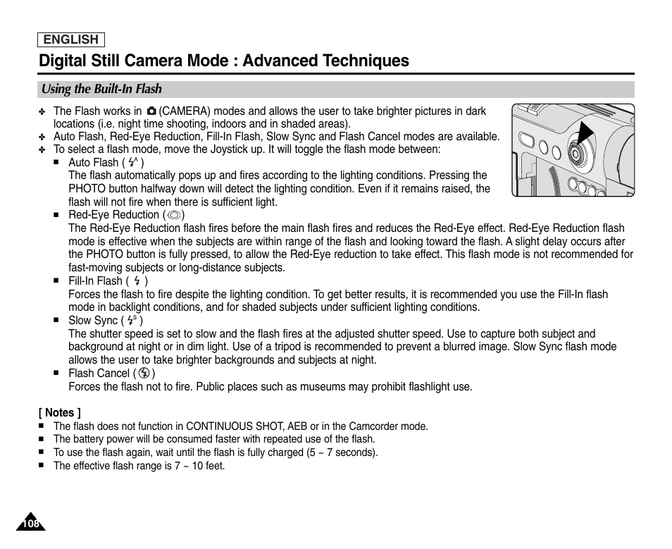 Using the built-in flash, Digital still camera mode : advanced techniques | Samsung SC-D6550-XAC User Manual | Page 112 / 160