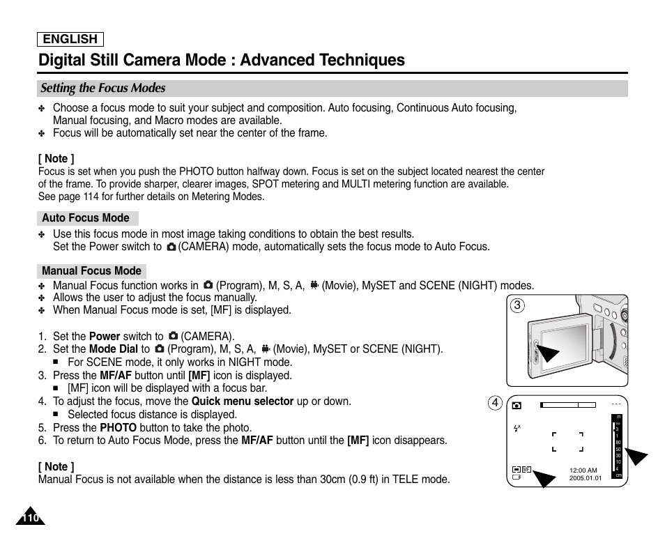 Setting the focus modes, Auto focus mode, Manual focus mode | Digital still camera mode : advanced techniques | Samsung SC-D6550-XAC User Manual | Page 114 / 160