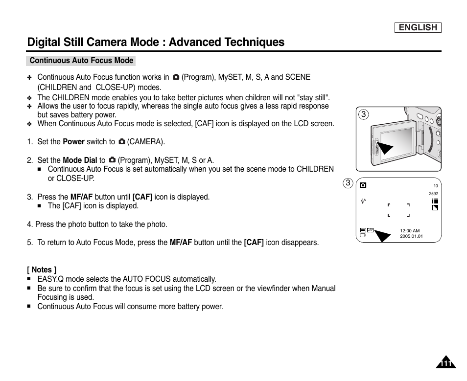 Continuous auto focus mode, Digital still camera mode : advanced techniques | Samsung SC-D6550-XAC User Manual | Page 115 / 160