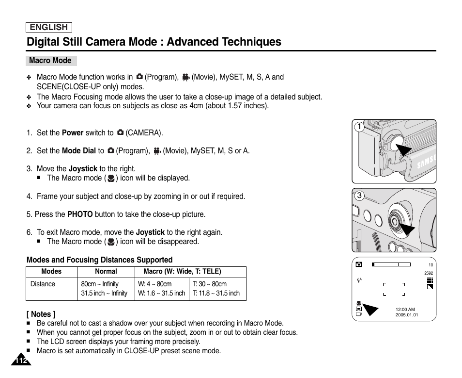 Macro mode, Digital still camera mode : advanced techniques | Samsung SC-D6550-XAC User Manual | Page 116 / 160