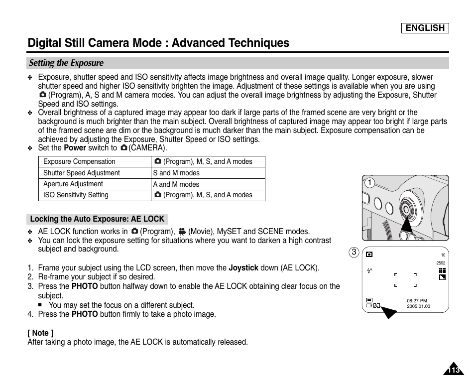 Setting the exposure, Locking the auto exposure: ae lock, Digital still camera mode : advanced techniques | Samsung SC-D6550-XAC User Manual | Page 117 / 160