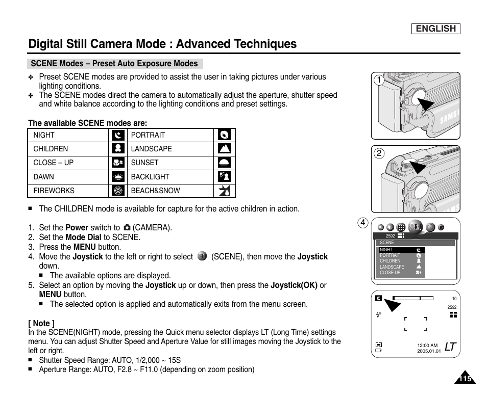 Scene modes ? preset auto exposure modes, Digital still camera mode : advanced techniques | Samsung SC-D6550-XAC User Manual | Page 119 / 160