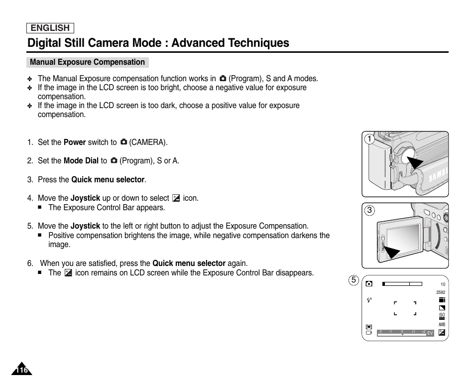 Manual exposure compensation, Digital still camera mode : advanced techniques, English | Samsung SC-D6550-XAC User Manual | Page 120 / 160
