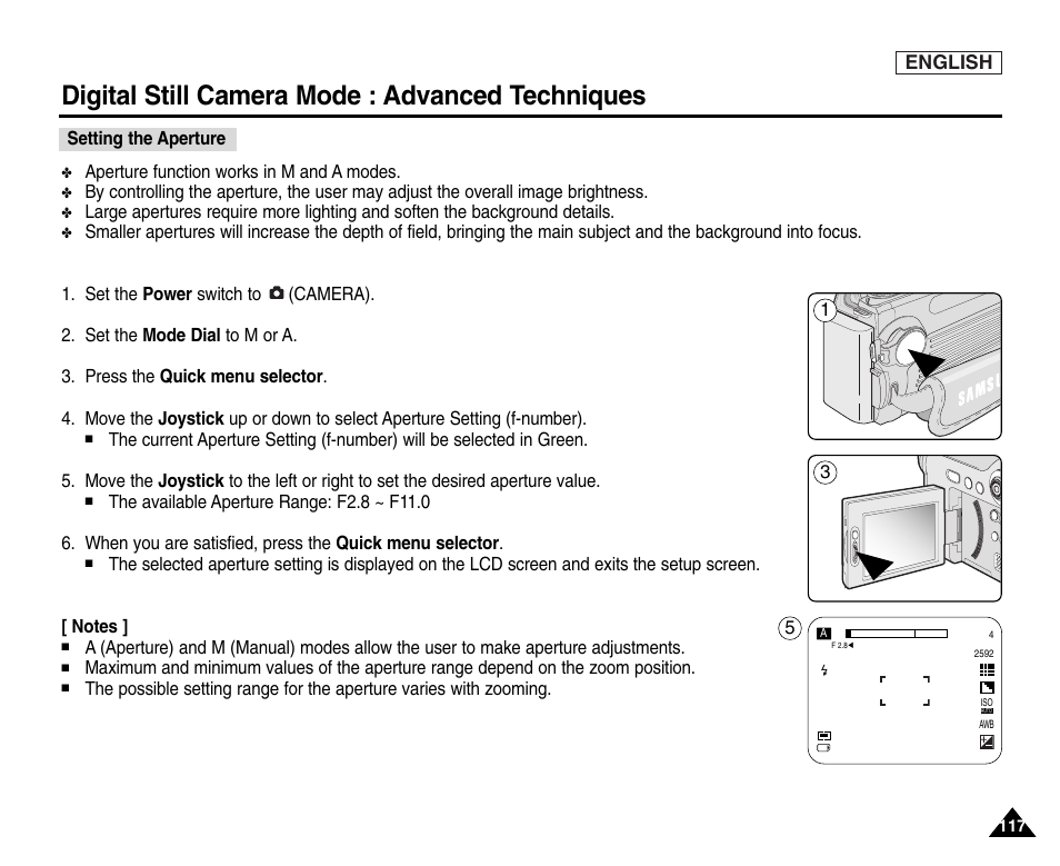 Setting the aperture, Digital still camera mode : advanced techniques | Samsung SC-D6550-XAC User Manual | Page 121 / 160