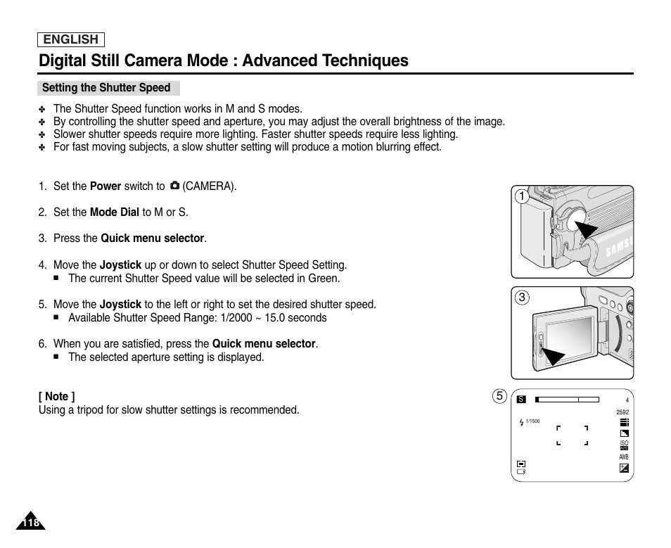 Setting the shutter speed, Digital still camera mode : advanced techniques | Samsung SC-D6550-XAC User Manual | Page 122 / 160