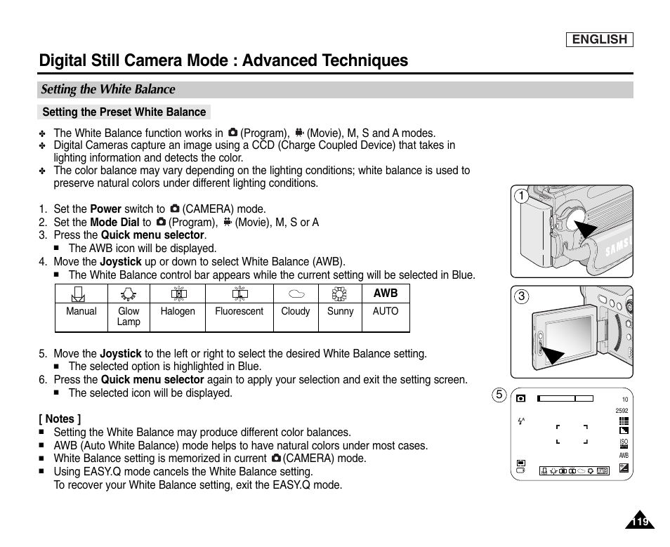 Setting the white balance, Setting the preset white balance, Digital still camera mode : advanced techniques | Samsung SC-D6550-XAC User Manual | Page 123 / 160