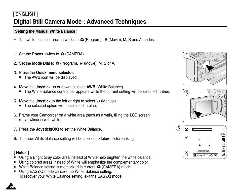 Setting the manual white balance, Digital still camera mode : advanced techniques | Samsung SC-D6550-XAC User Manual | Page 124 / 160