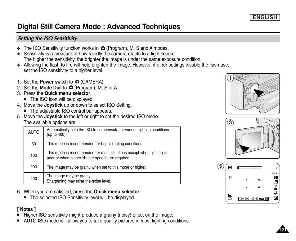 Setting the iso sensitivity, Digital still camera mode : advanced techniques | Samsung SC-D6550-XAC User Manual | Page 125 / 160