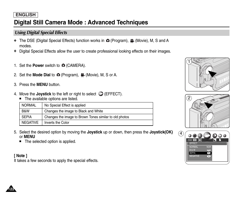 Using digital special effects, Digital still camera mode : advanced techniques | Samsung SC-D6550-XAC User Manual | Page 126 / 160