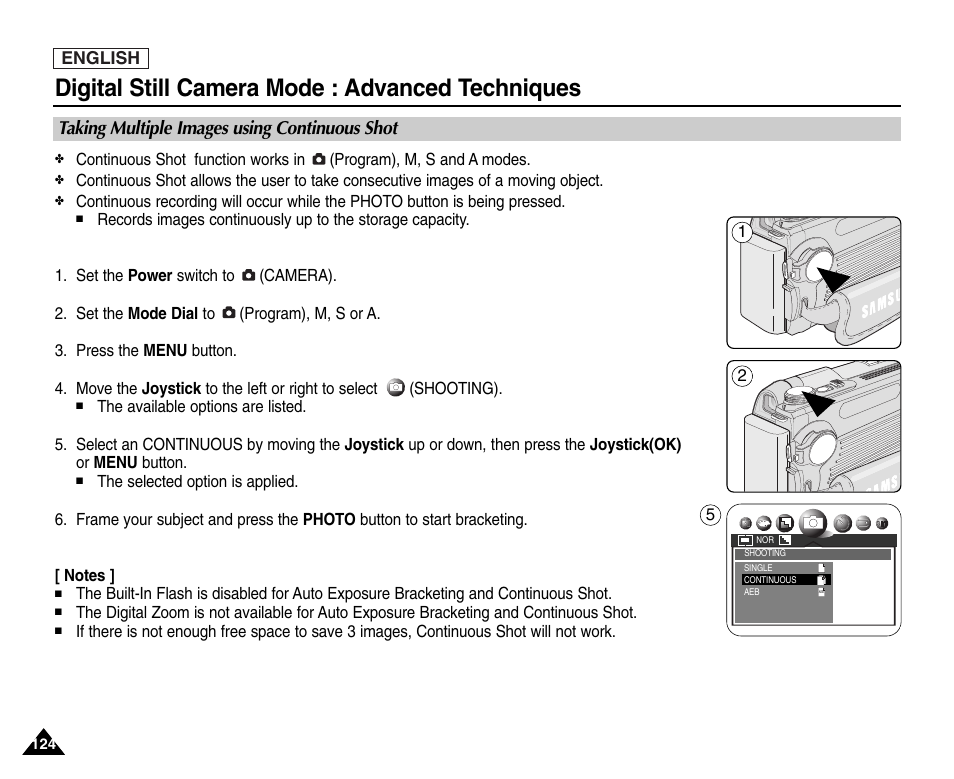 Taking multiple images using continuous shot, Digital still camera mode : advanced techniques | Samsung SC-D6550-XAC User Manual | Page 128 / 160