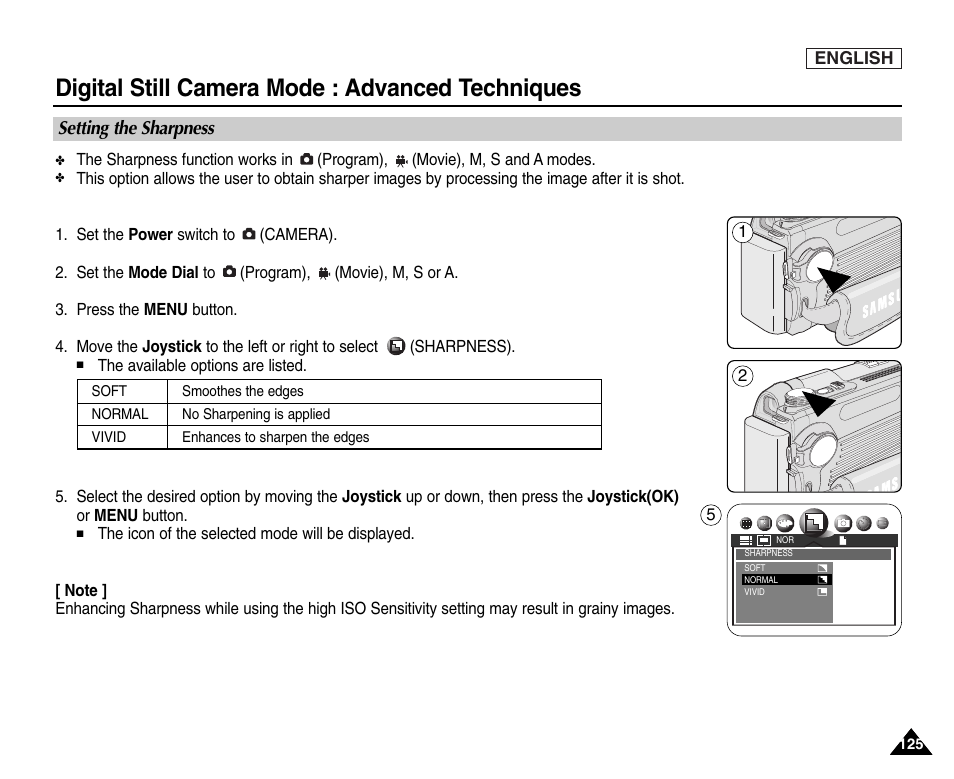 Setting the sharpness, Digital still camera mode : advanced techniques | Samsung SC-D6550-XAC User Manual | Page 129 / 160