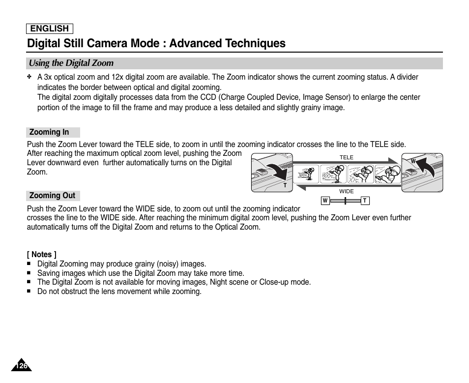 Using the digital zoom, Zooming in, Zooming out | Digital still camera mode : advanced techniques | Samsung SC-D6550-XAC User Manual | Page 130 / 160