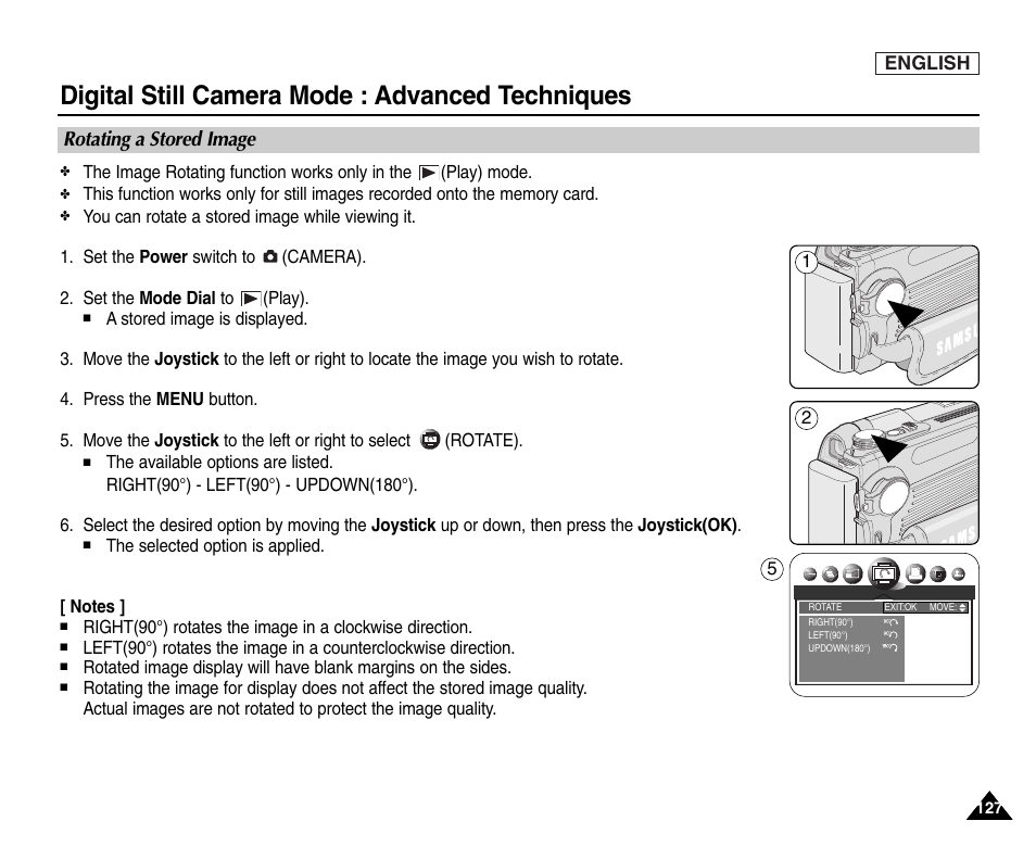 Rotating a stored image, Digital still camera mode : advanced techniques | Samsung SC-D6550-XAC User Manual | Page 131 / 160