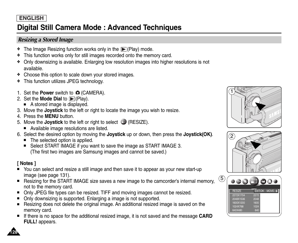 Resizing a stored image, Digital still camera mode : advanced techniques, English | Samsung SC-D6550-XAC User Manual | Page 132 / 160