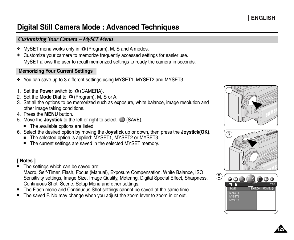 Customizing your camera ? myset menu, Memorizing your current settings, Digital still camera mode : advanced techniques | Customizing your camera – myset menu | Samsung SC-D6550-XAC User Manual | Page 133 / 160