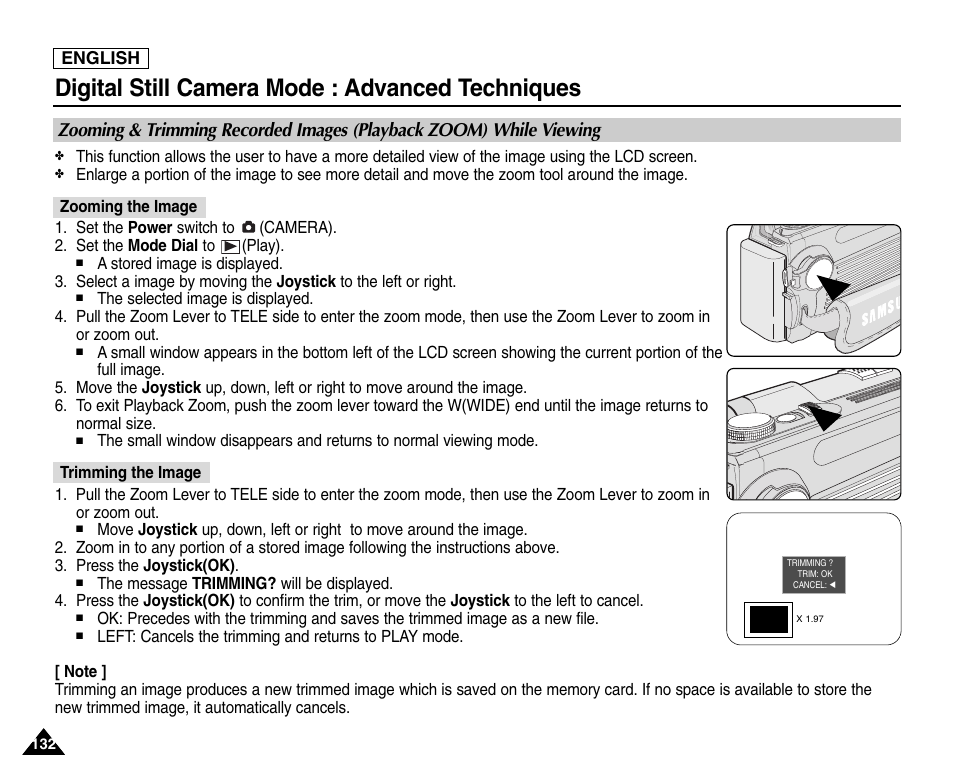 Zooming the image, Trimming the image, Digital still camera mode : advanced techniques | Samsung SC-D6550-XAC User Manual | Page 136 / 160