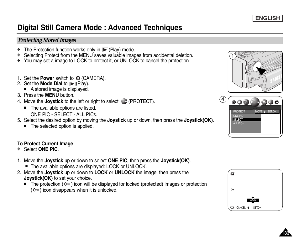 Protecting stored images, Digital still camera mode : advanced techniques, Quick start protecting stored images | Samsung SC-D6550-XAC User Manual | Page 137 / 160