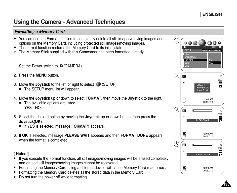 Formatting a memory card, Using the camera - advanced techniques, English | Samsung SC-D6550-XAC User Manual | Page 139 / 160