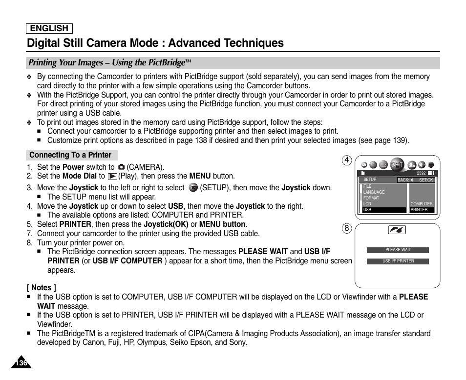 Printing your images ? using the pictbridgetm, Connecting to a printer, Digital still camera mode : advanced techniques | Printing your images – using the pictbridge, English | Samsung SC-D6550-XAC User Manual | Page 140 / 160