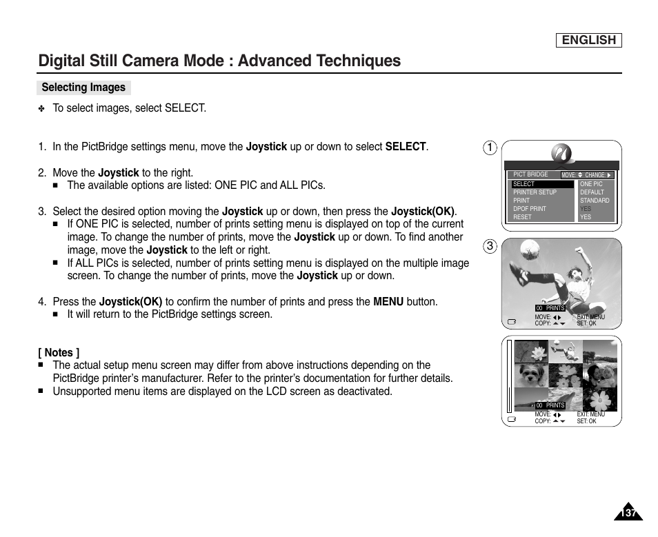 Selecting images, Digital still camera mode : advanced techniques, English | Samsung SC-D6550-XAC User Manual | Page 141 / 160