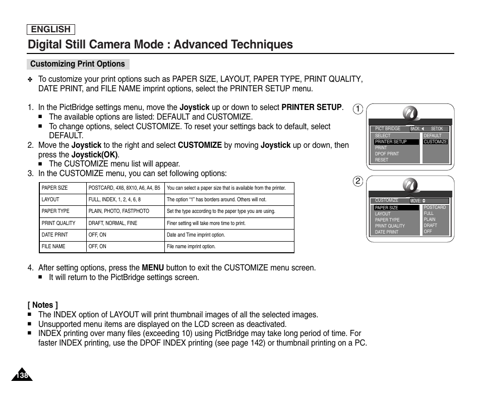 Customizing print options, Digital still camera mode : advanced techniques, English | Samsung SC-D6550-XAC User Manual | Page 142 / 160