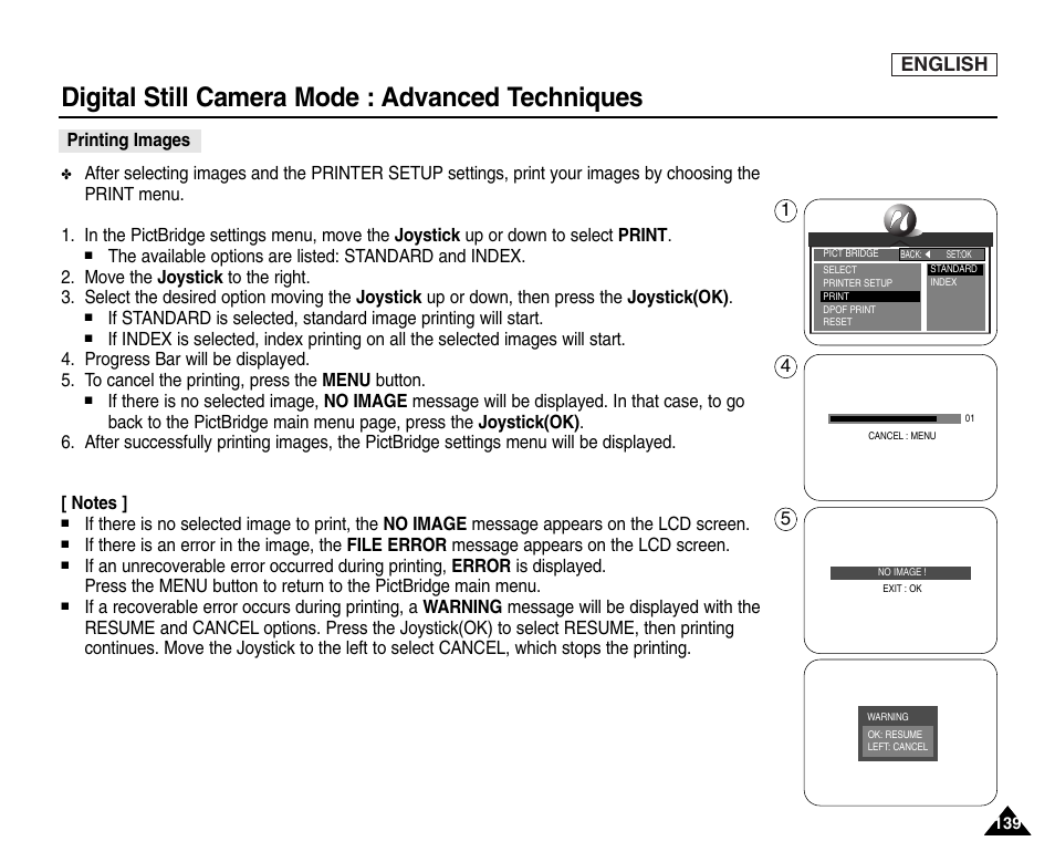 Printing images, Digital still camera mode : advanced techniques, English | Samsung SC-D6550-XAC User Manual | Page 143 / 160