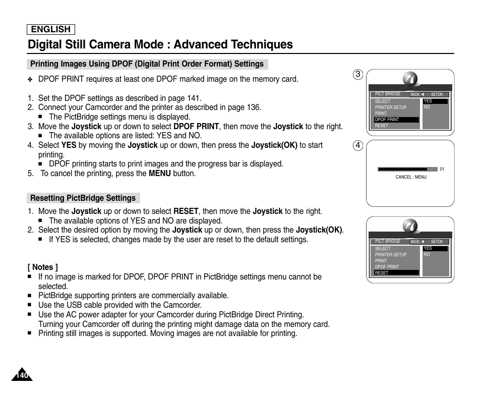 Resetting pictbridge settings, Digital still camera mode : advanced techniques, English | Samsung SC-D6550-XAC User Manual | Page 144 / 160