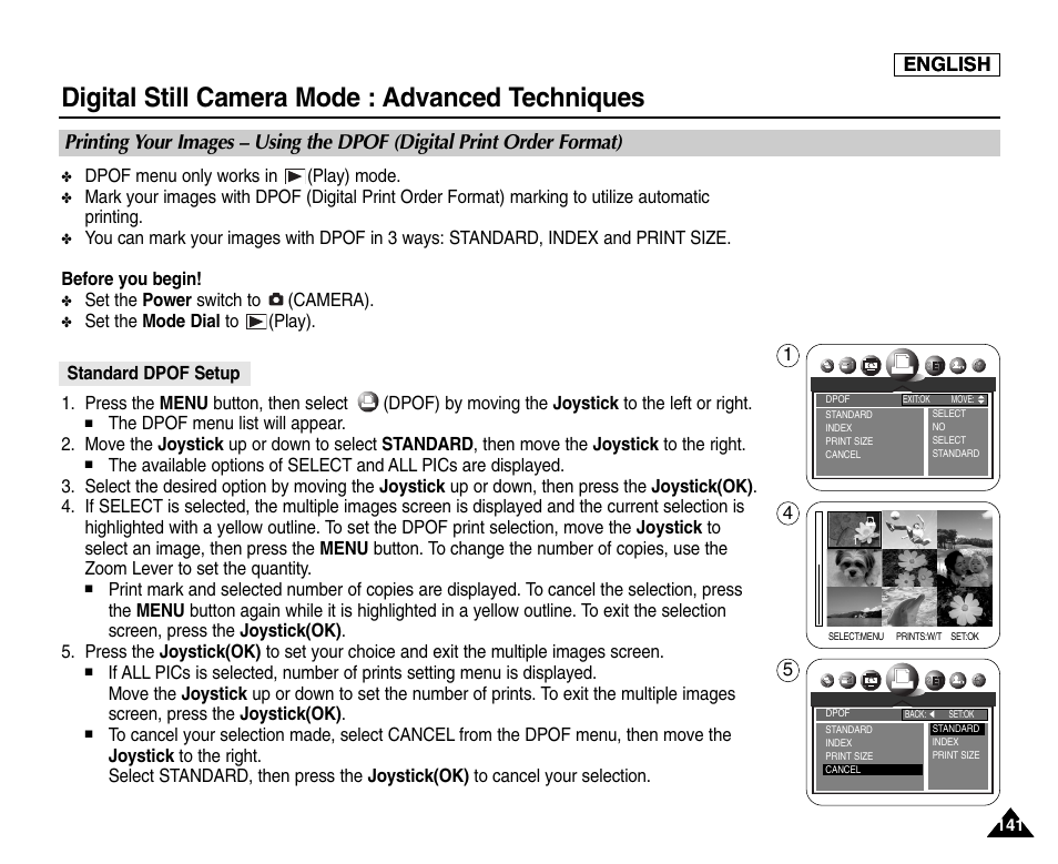 Standard dpof setup, Digital still camera mode : advanced techniques, Quick start | Samsung SC-D6550-XAC User Manual | Page 145 / 160