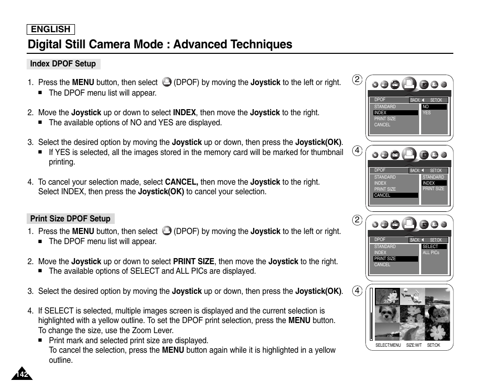 Index dpof setup, Print size dpof setup, Digital still camera mode : advanced techniques | English | Samsung SC-D6550-XAC User Manual | Page 146 / 160