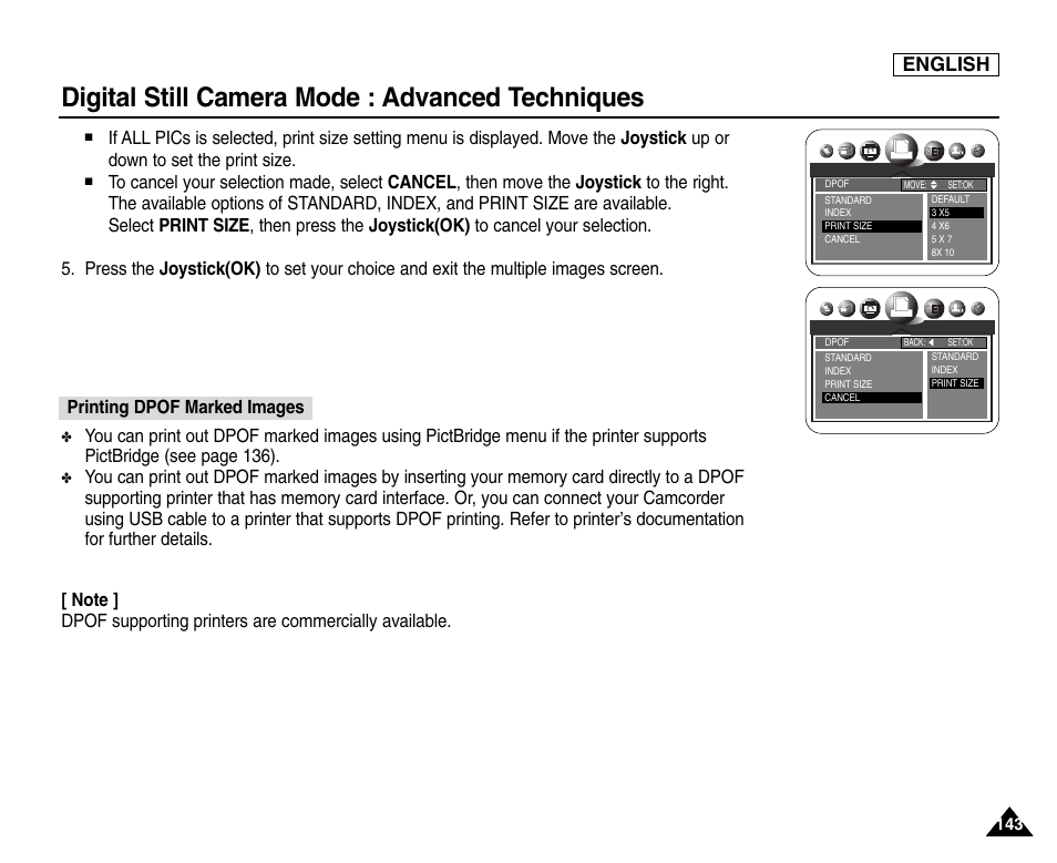 Printing dpof marked images, Digital still camera mode : advanced techniques, English | Samsung SC-D6550-XAC User Manual | Page 147 / 160