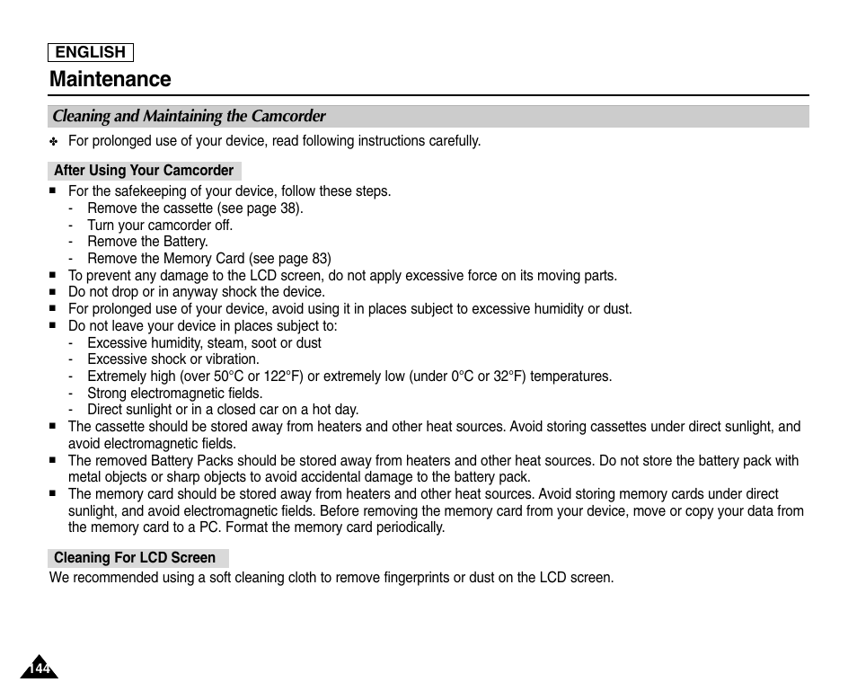 Maintenance, Cleaning and maintaining the camcorder, After using your camcorder | Cleaning for lcd screen | Samsung SC-D6550-XAC User Manual | Page 148 / 160