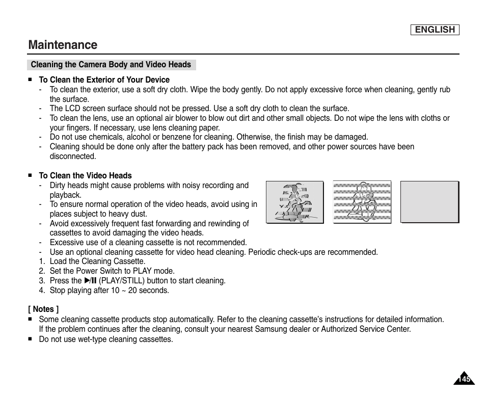 Cleaning the camera body and video heads, Maintenance | Samsung SC-D6550-XAC User Manual | Page 149 / 160