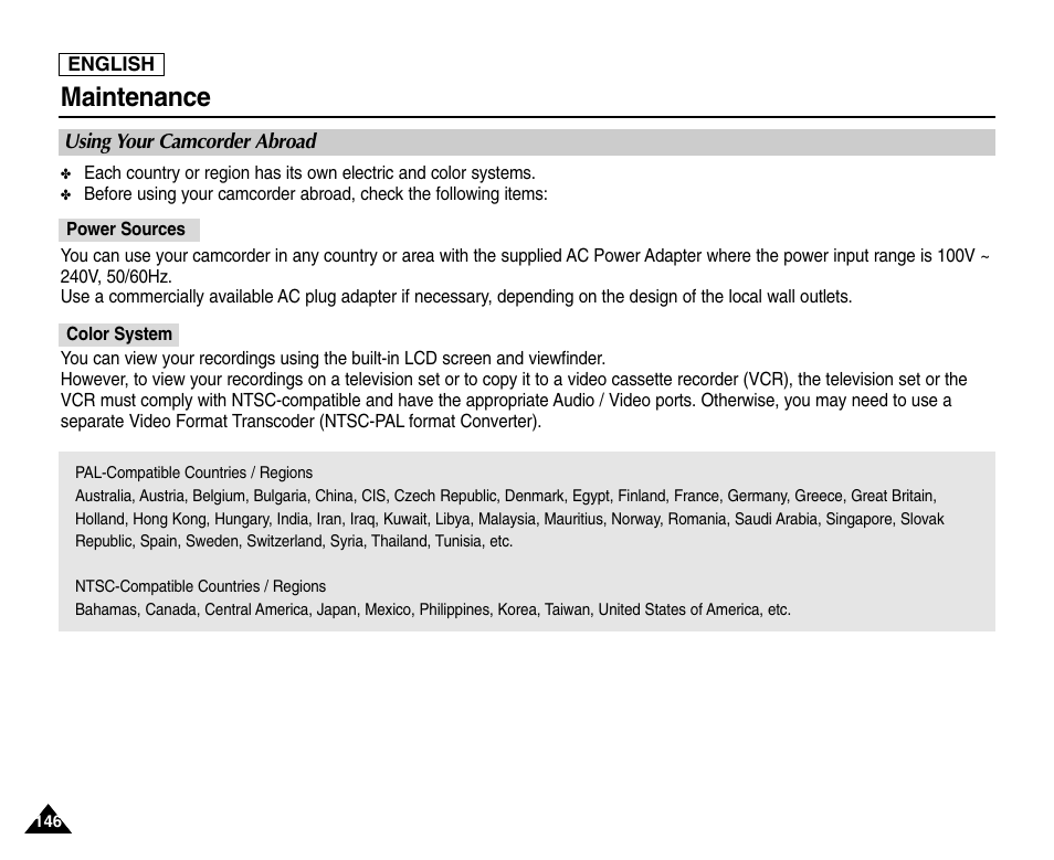 Using your camcorder abroad, Power sources, Color system | Maintenance | Samsung SC-D6550-XAC User Manual | Page 150 / 160