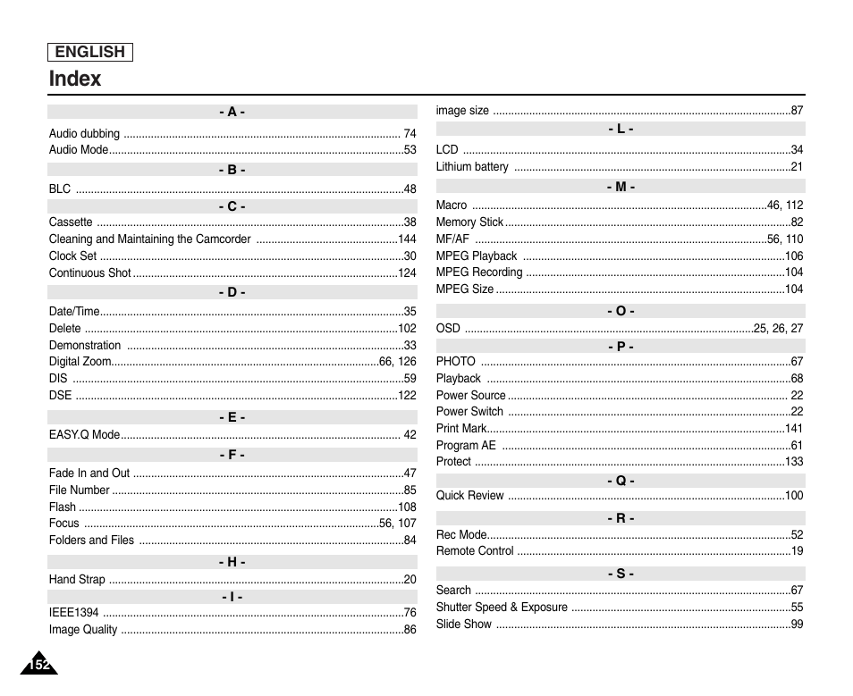 Index | Samsung SC-D6550-XAC User Manual | Page 156 / 160