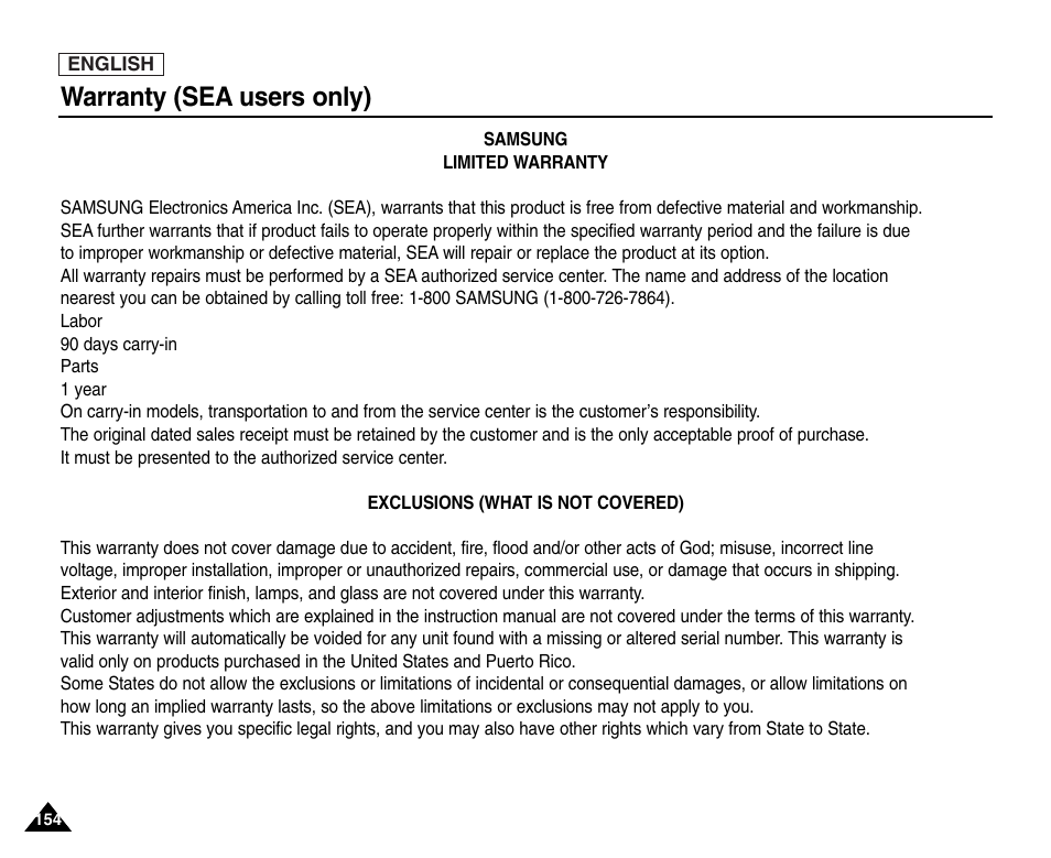 Warranty(sea users only), Warranty (sea users only) | Samsung SC-D6550-XAC User Manual | Page 158 / 160