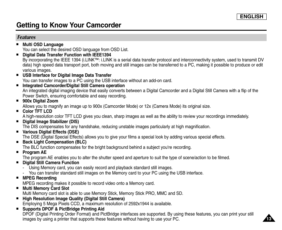 Getting to know your camcorder, Features, English | Samsung SC-D6550-XAC User Manual | Page 17 / 160